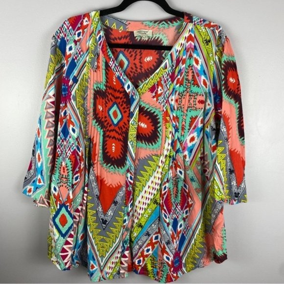 ORIENTIQUE Naturally Australian Multi Coloured Aztec Button Down - Picture 2 of 9